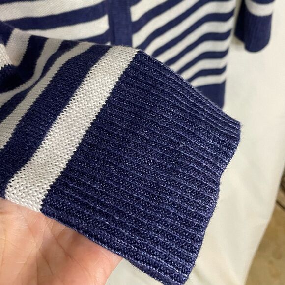 Talbots Womens Cardigan Sweater Navy White Stripe V-Neck Linen L - Picture 3 of 6